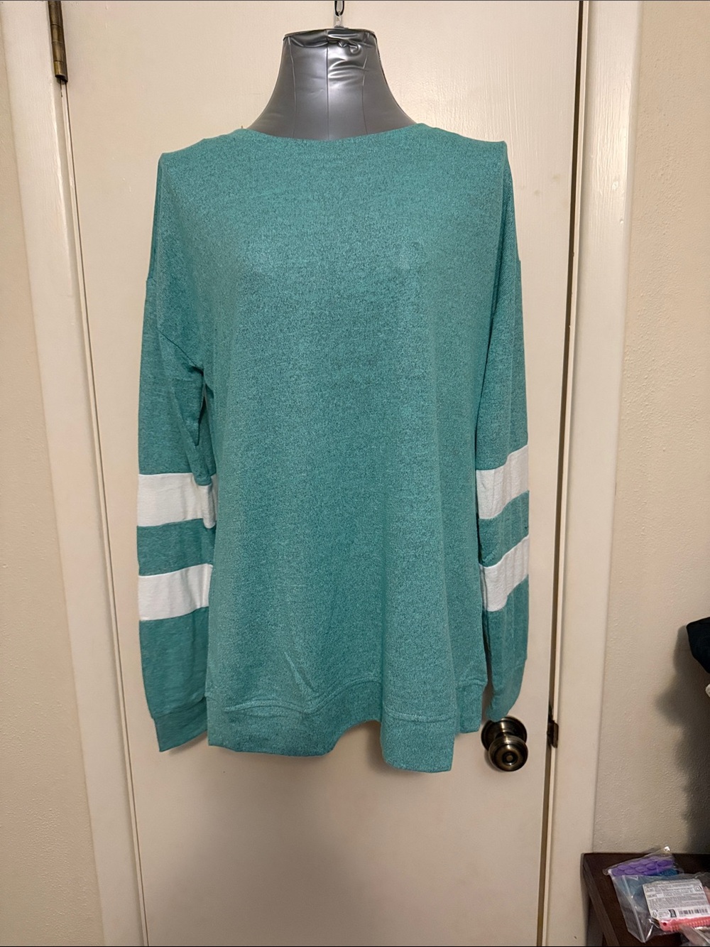 Auselily Teal Crewneck with White Sleeve Stripes S NWT